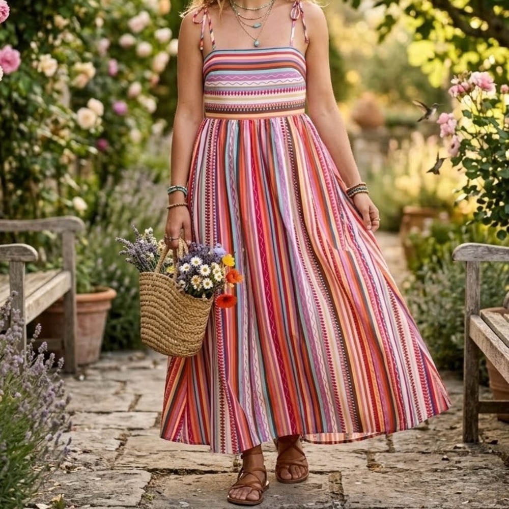 NWT Salti Road Desert Glow Maxi Dress Multi Stripe Boho Flowy Cottagecore Spring
